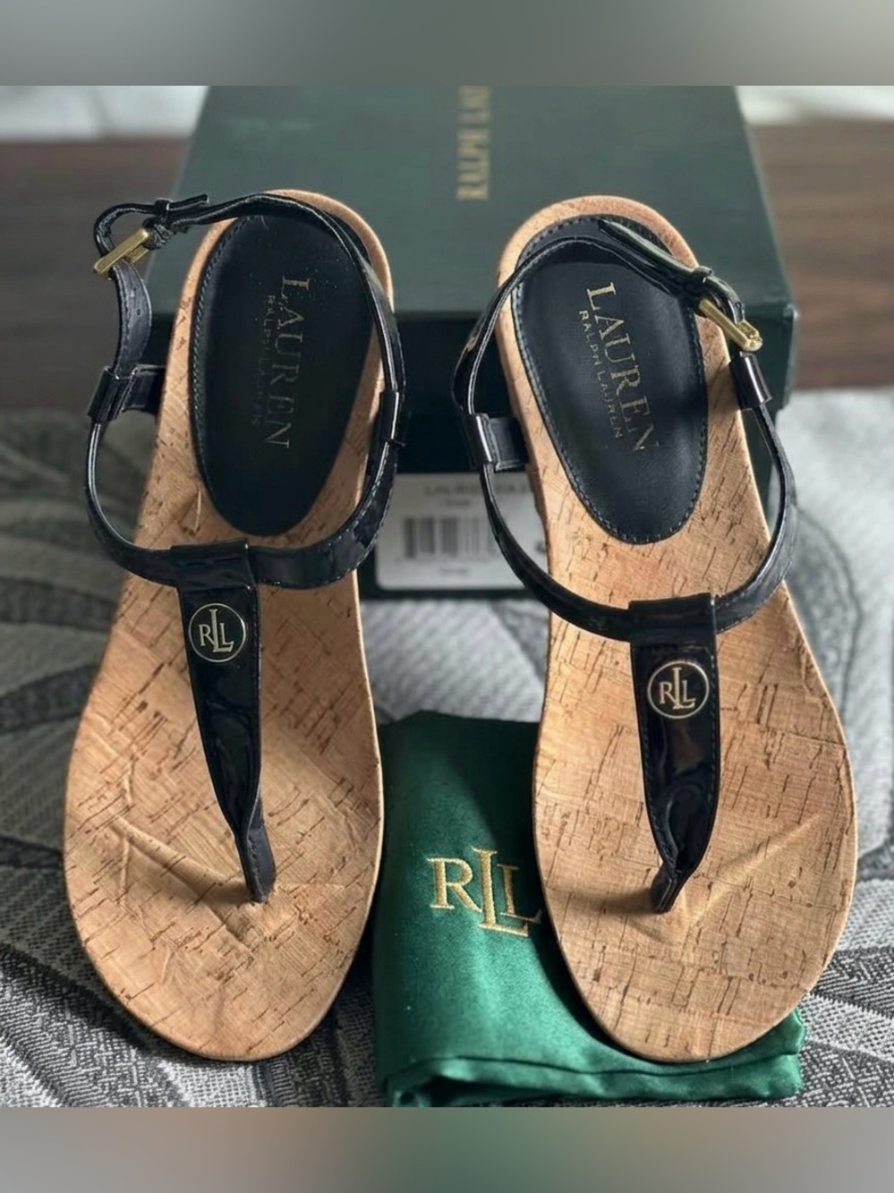 Lauren Ralph Lauren Black Patent Cork-Style Thong Sandals with Gold RLL Accent